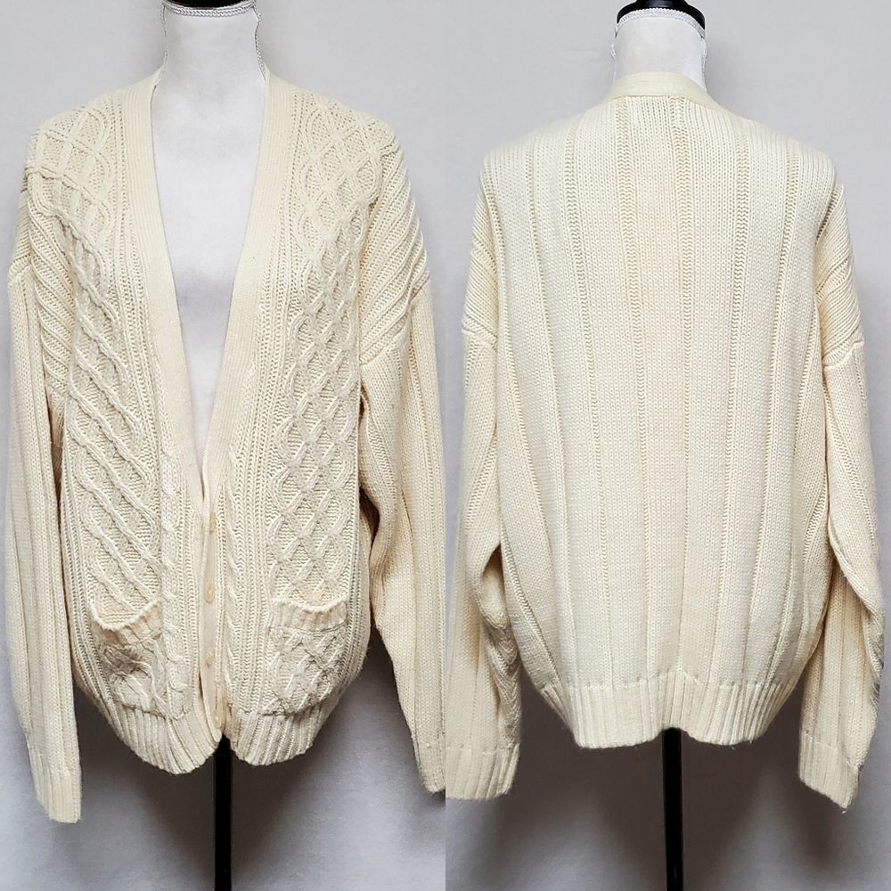 VINTAGE 1970s Brittany Bay Butter Yellow Corded Knit Button Up Cardigan XL
